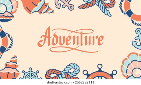 Amplio Anuncio de Web de estilo náutico Horizontal 16:9 con centro tipográfico y Elementos oceánicos. Ideal para Anuncios digitales, encabezados de Web, invitaciones de viaje y marketing de eventos