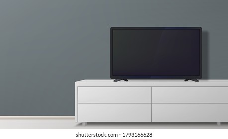 Wide 16:9 Screen TV Standing On The Cabinet. EPS10 Vector