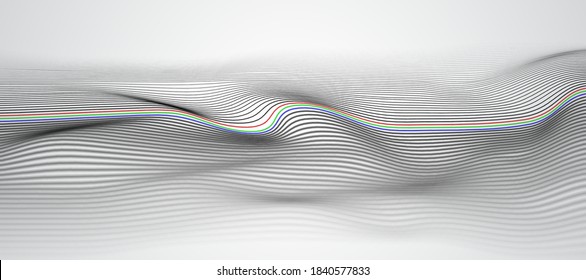 Wide 3d wave stripe background with dept of field effect. Technology background concept. Dynamic curved wavy line.