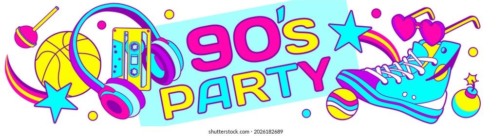 Wide  90s music disco vector illustration in retro hipster cartoon style. Editable Website horizontal banner leaderboard social network group profile header image. 