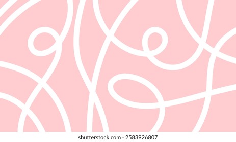 Wide abstract background with hand drawn white line, doodle. Horizontal banner with pink background