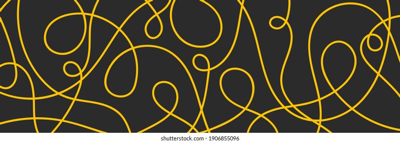 Wide abstract background with pasta, makaroni or spaghetti. Horizontal banner with hand drawn yellow line, doodle pasta. Vector illustration