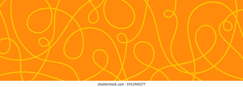 Wide abstract background with pasta, makaroni or spaghetti. Horizontal banner with hand drawn yellow line, doodle pasta. Vector illustration