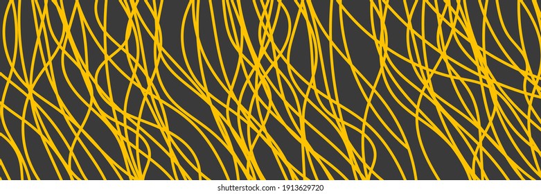 Wide abstract background with pasta, makaroni or spaghetti. Horizontal banner with hand drawn yellow line, doodle pasta. Vector illustration