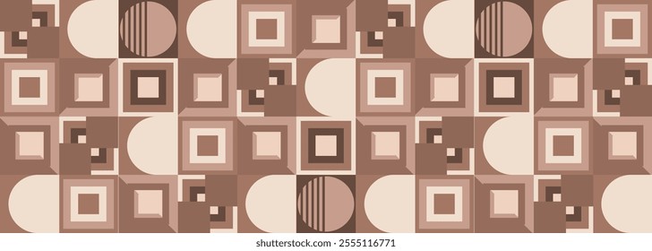 Wide abstract geometric background in mocha mousse color of the year 2025 palette. Brown vector illustration in retro 70s style.