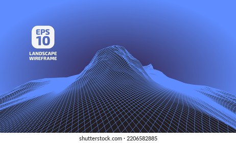 Wide Abstract wireframe background. 3D grid technology, vector illustration landscape. Blue on dark background. Digital Terrain Cyberspace in Mountains with valleys. Data Array. Isolated object.
