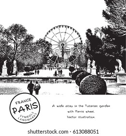 Wide alley in the park with trees, people, sculptures and a Ferris wheel. The Tuileries garden in Paris, France. Vector illustration.
The result of auto-trace adapted for easy use.
