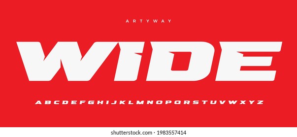 Wide alphabet letter font. Sport logo typography. Extended bold vector typographic design. Sharp angles type for automotive logo, speed headline, title, superhero lettering, branding and merchandise