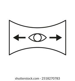 Ícone de olho de grande ângulo. Contorno curvo da tela. Símbolo de setas de direção. Gráfico de perspectiva de visão.