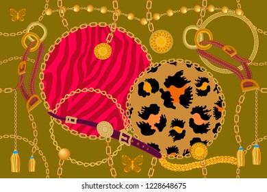 Wide animal print with chains, straps and brushes. Seamless vector pattern with leopard spots, zebra stripes and jewelry elements. Women's fashon collection. On beige background.