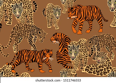Wide Animal Print. Seamless vector pattern with tigers and leopards on brown background. Safari textile collection.