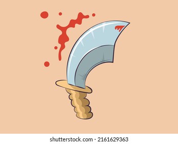 Wide Antique Curved Sword With Blood. Cartoon Drawing