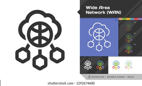 Wide area network WAN icon black glyph silhouette and editable stroke thin outline single with world internet technology, cloud computing and  networking communication symbol.