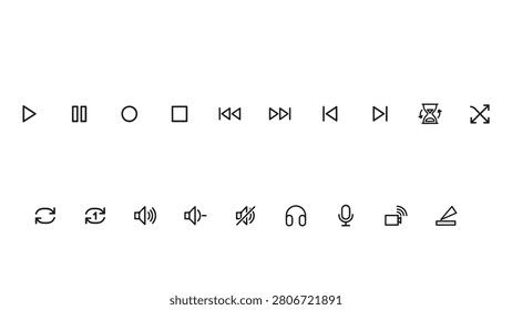 A wide array of black line icons for media playback including play, pause, volume, microphone, and headphones.