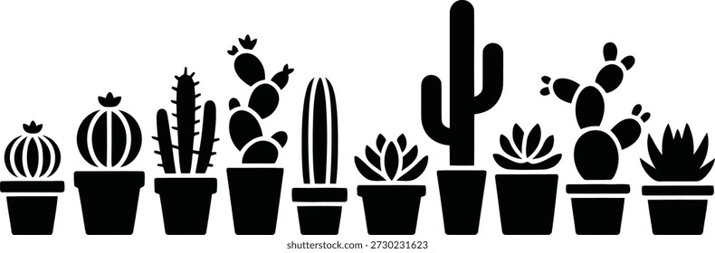 A wide array of black silhouette cacti and succulent plants in pots, featuring diverse heights and forms for home decor.