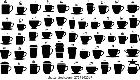 A wide array of black silhouettes depicting different styles of coffee cups, mugs, and carafes with steam, on white.