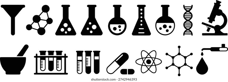 A wide array of black vector icons depicting fundamental elements and tools for scientific research and chemical experiments.