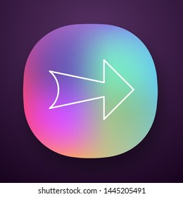 Wide arrow app icon. Rightward route. Arrowhead indexer. Next. Navigation pointer, indicator sign. Pointing symbol. UI/UX user interface. Web or mobile application. Vector isolated illustration