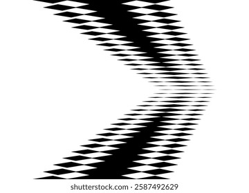 Wide Arrow made of sharp pixelated elements with a transition from black to white.  design Trussing Modern graphic element. Sports vector pattern. Pointer, navigation, direction. Speed