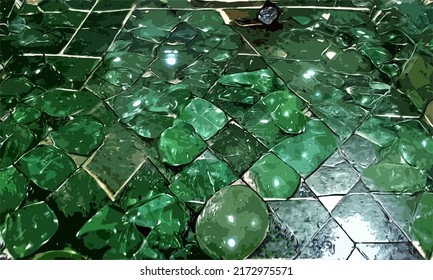 Wide art image of a dark beautiful ancient dungeon cave floor decorated with displaced shining jade stones - inspired by "dwarf fortress" video game.