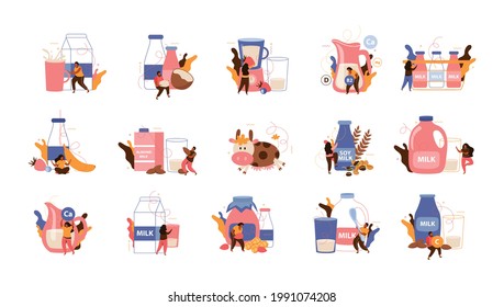 Wide assortment of soy coconut almond and cow milk flat color set in bottles jugs and glasses isolated vector illustration