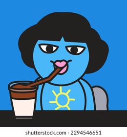 Wide Awake Eyes Young Woman Officer Sitting And Drinking Coffee At Desk With Her Blue Sky Sunshine Face And Body Concept Card Character illustration