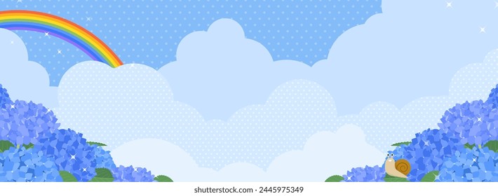 wide background of blue sky with rainbow and hydrangeas in full bloom
