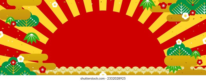 wide background with pine, bamboo, plum blossoms and sunburst decorations