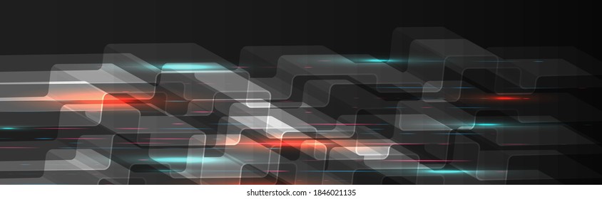 Wide background with  technological elements. Hi-tech computer digital technology concept. Abstract technology communication. Neon glowing lines. Speed motion blur over dark  background. Web banner