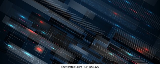 Wide background with various technological elements. Hi-tech computer digital technology concept. Abstract technology communication. Neon glowing lines. Speed and motion blur over dark  background. 