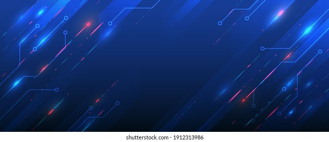 Wide background with various technological elements. Hi-tech computer digital technology concept. Abstract technology communication. Neon glowing lines. Speed and motion blur over dark  background.