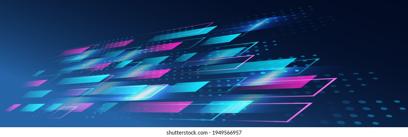 Wide background with various technological elements. Hi-tech computer digital technology concept. Abstract communication. Neon glowing lines. Speed and motion blur over dark  background. Web banner