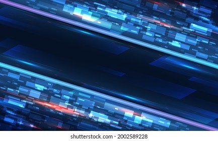 Wide background with various technological elements. Hi-tech computer digital technology concept. Neon glowing lines. Speed and motion blur over dark  background. Technology Web banner.