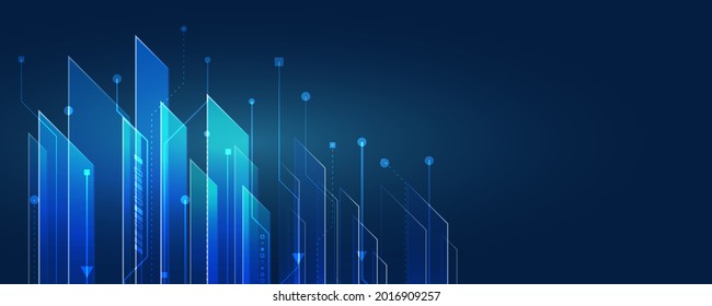 Wide background with various technological elements. Hi-tech computer digital technology concept. Neon glowing lines. Speed and motion blur over dark  background. Technology Web banner.