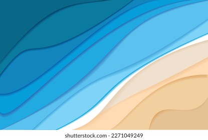 Wide banner. Abstract sea waves. nautical background in paper cut style. Marine wallpaper. 3d wallpaper with cut out waves. Blue color layers with smooth shadow papercut art. Origami geometric shapes