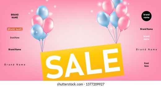 Wide banner with bunches pink and blue balloons uplifting SALE sign. Festive background for advertising and marketing in retail.