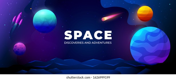 Wide banner with cartoon space objects. Illustration of a mountain range against the background of colorful planets