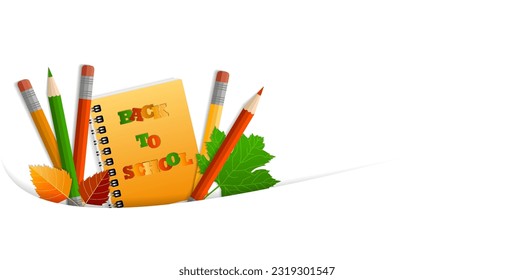 Wide banner, concept of return to school, knowledge day, September 1, school supplies in a pocket, multi-colored bright stationery. On white background with shadow and copy space