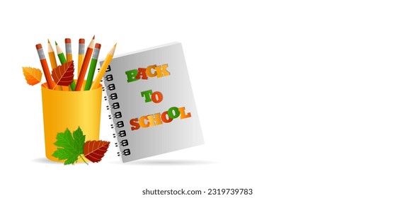 Wide Banner, Konzept der Rückkehr zur Schule, Wissentag, 1. September, Schulbedarf in einer Tasche, mehrfarbige helle Schreibwaren. auf weißem Hintergrund, mit Schatten und Kopienraum