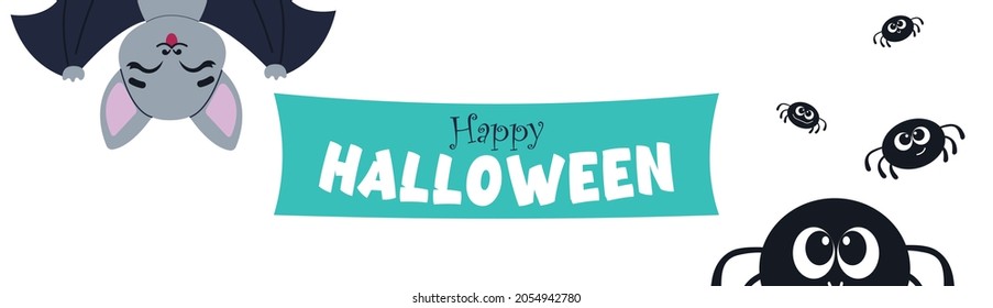 Wide Banner design white for Halloween, Halloween Mood Wide Blue Banner for Halloween with bat, Spiders 