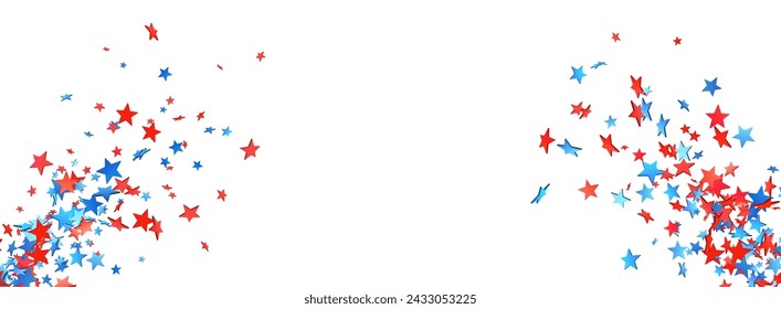 A wide banner with a dispersed scatter of red and blue stars against a white background, evoking a sense of patriotic celebration.