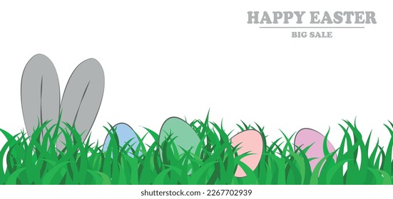 Wide banner with Easter bunny and eggs in green grass on a white background. Classic easter concept - rabbit ears and eggs in the grass. Universal banner with copy space