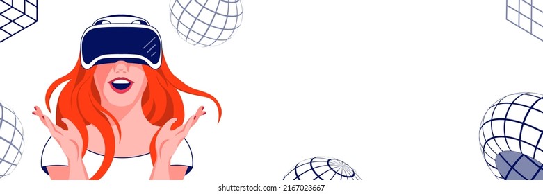 Wide banner with ginger Girl holding virtual reality glasses immersed into metaverse. Meta universe future cyber world technology. Editable vector Leaderboard of profile header with copy space.