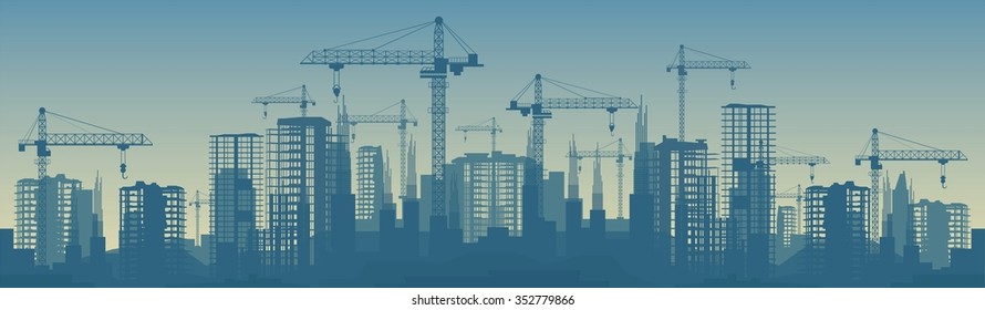 Wide banner illustration of buildings under construction in process