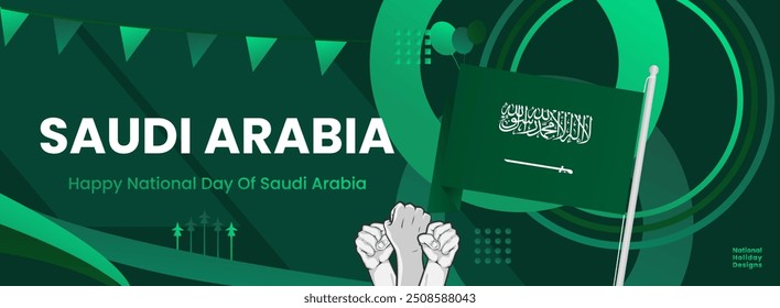 Wide banner for Saudi Arabia National Day. National or Independence Day greeting card with flag and typography. Happy National Day of the Kingdom of Saudi Arabia.