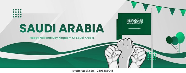 Amplio Anuncio para el Día Nacional de Arabia Saudita. Tarjeta de felicitación del Día Nacional o de la Independencia con bandera y tipografía. Feliz Día Nacional del Reino de Arabia Saudita.