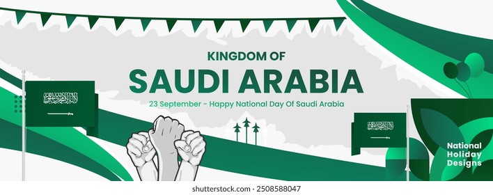 Wide banner for Saudi Arabia National Day. National or Independence Day greeting card with flag and typography. Happy National Day of the Kingdom of Saudi Arabia.