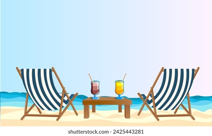 Wide banner. Sea coast, two deck chairs cocktails on the beach, sun sea and sand. Summer vacation in hot countries, beach holidays. Banner for advertising tours, travel, vacation