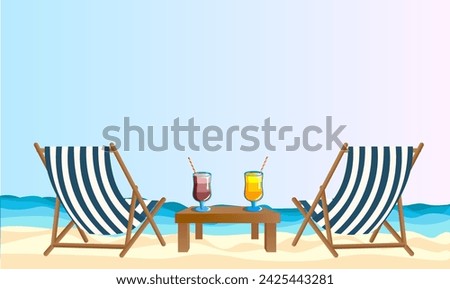 Wide banner. Sea coast, two deck chairs cocktails on the beach, sun sea and sand. Summer vacation in hot countries, beach holidays. Banner for advertising tours, travel, vacation