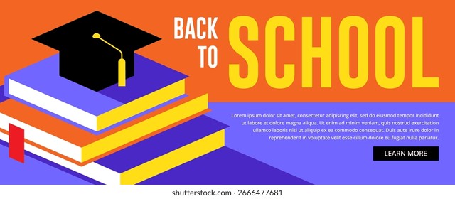 Amplio Anuncio con una pila de libros y un mortero para el regreso a la escuela o concepto de diseño educativo.